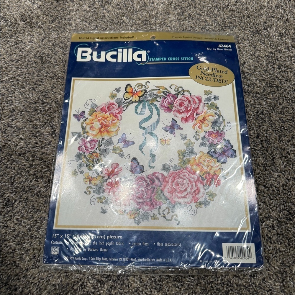 Bucilla Stamped Cross Stitch Kit "Rose Ivy Heart Wreath" #42464 Butterflies